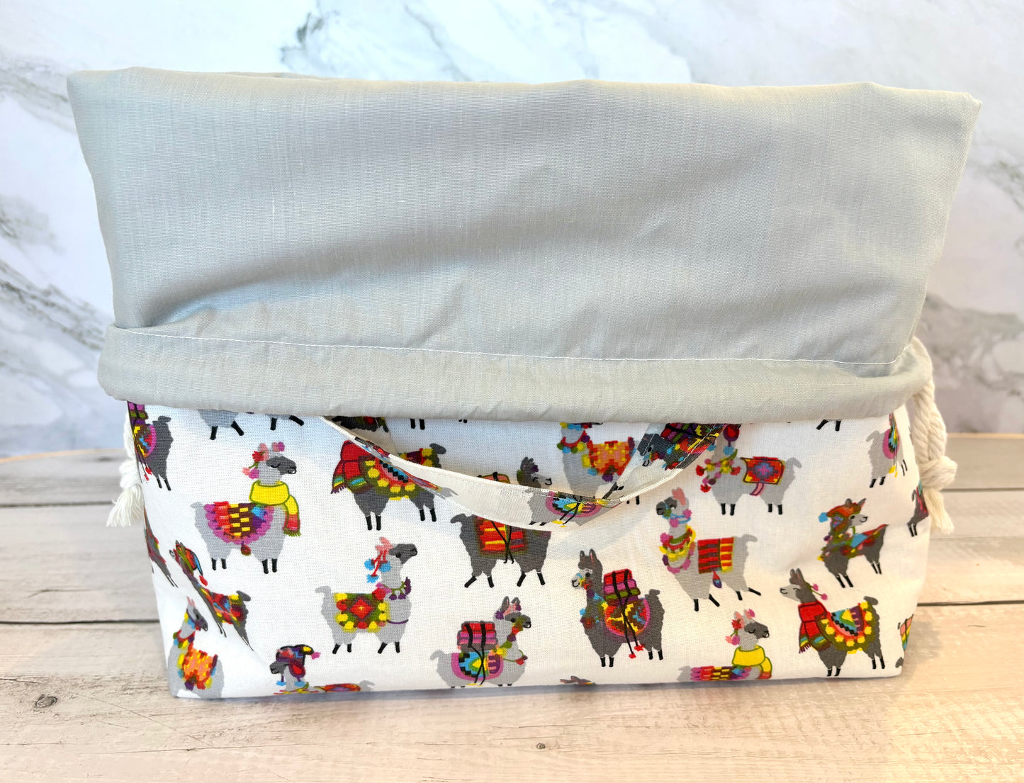 Handmade Cotton Project Bag for Knitting, Crochet, Yarn and other Crafts - Alpaca Light Grey Drawstring Bag Large