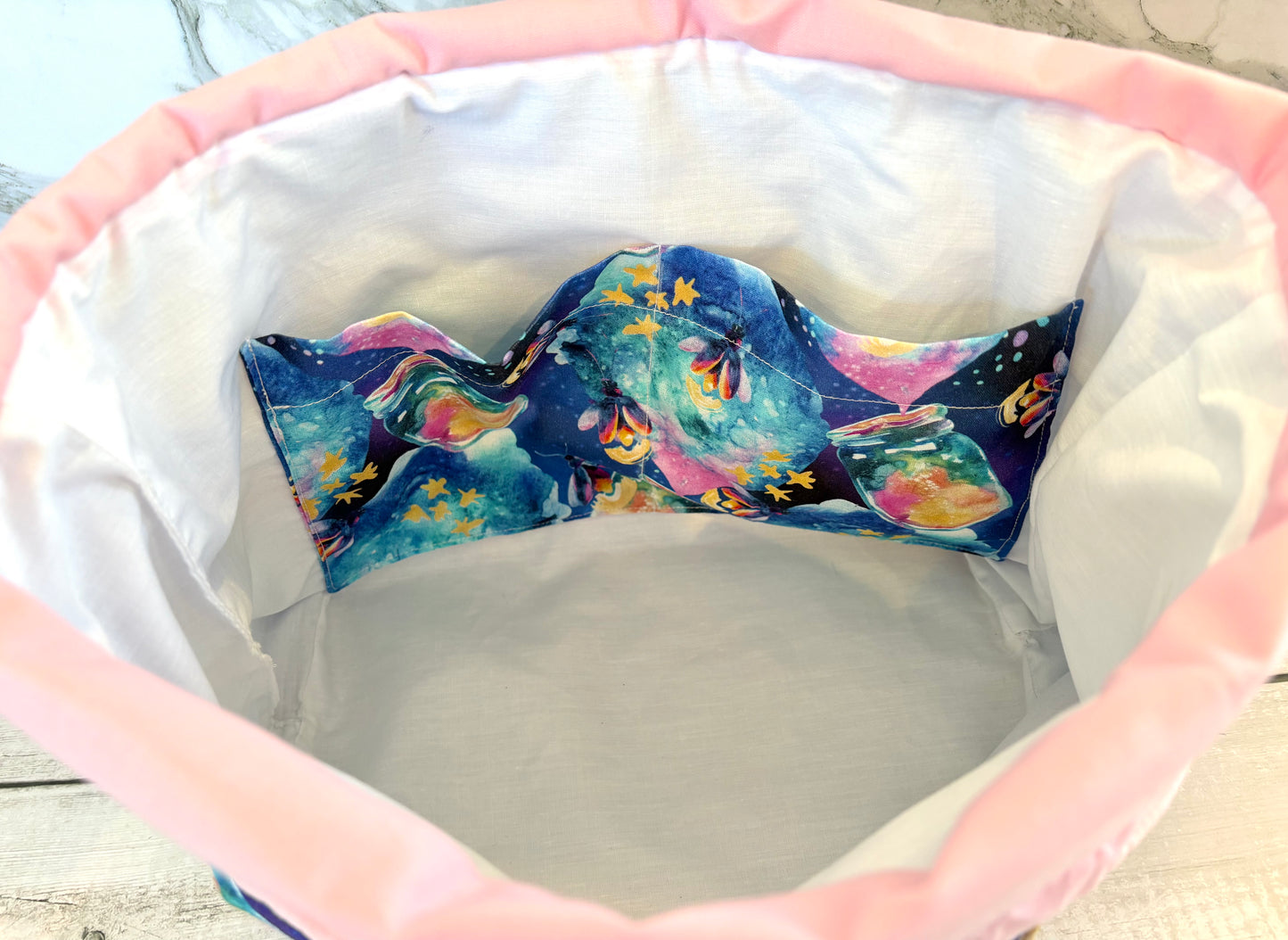 Handmade Cotton Project Bag for Knitting, Crochet, Yarn and other Crafts - Firefly Pink Drawstring Bag Large