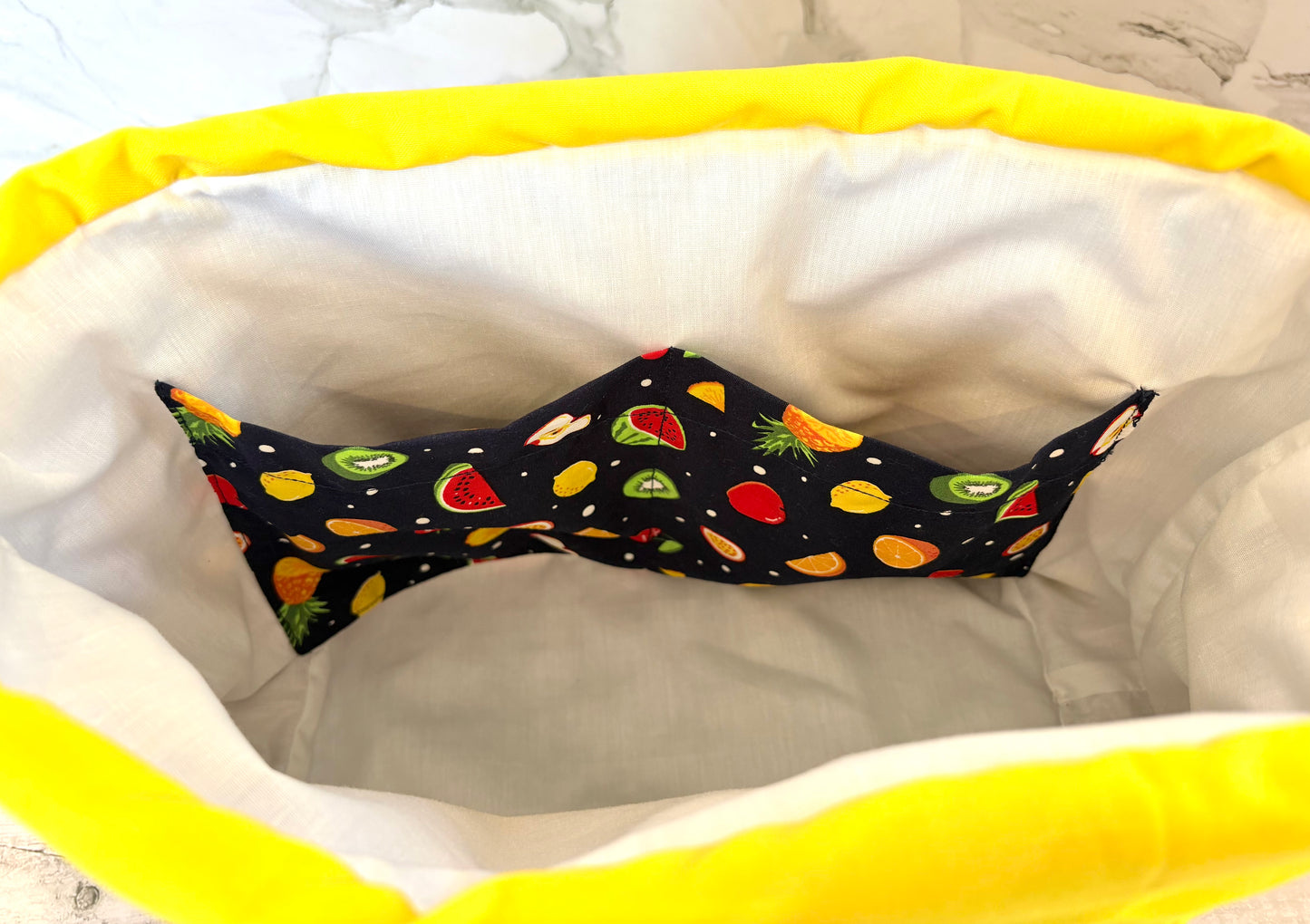 Handmade Cotton Project Bag for Knitting, Crochet, Yarn and other Crafts - Fruit Salad Navy Yellow Drawstring Bag Large