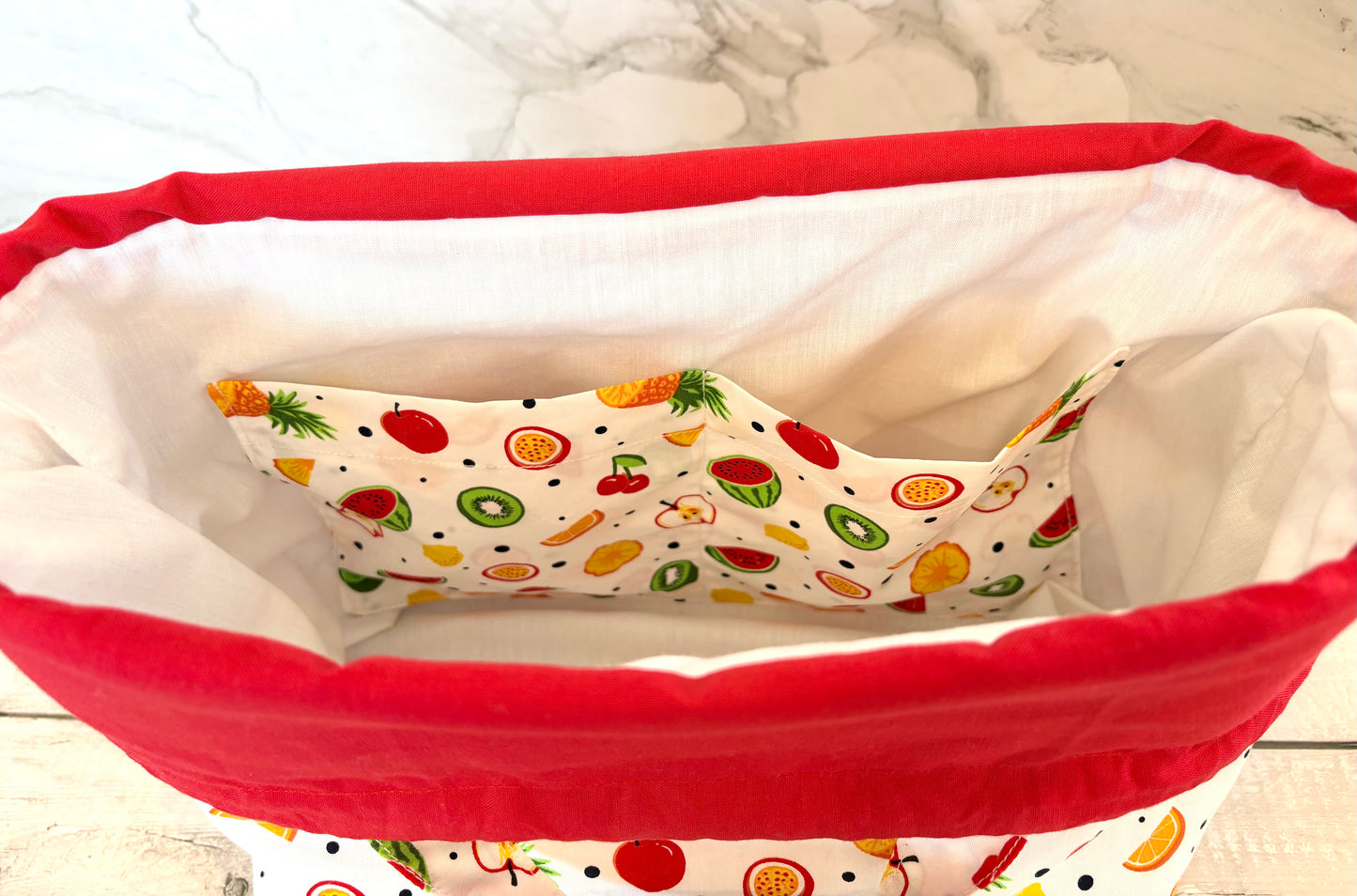 Handmade Cotton Project Bag for Knitting, Crochet, Yarn and other Crafts - Fruit Salad White Red Drawstring Bag Large