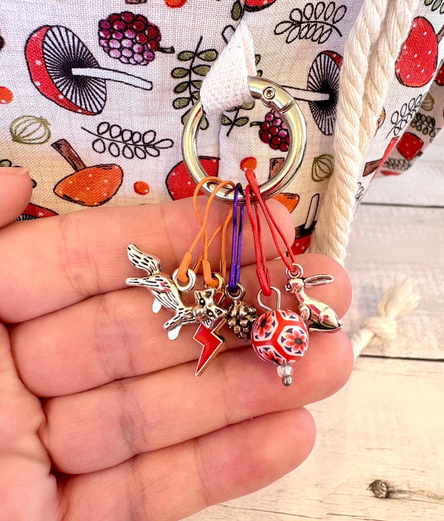 Handmade Cotton Project Bag for Knitting, Crochet, Yarn and other Crafts - Mushrooms Red Drawstring Bag Large