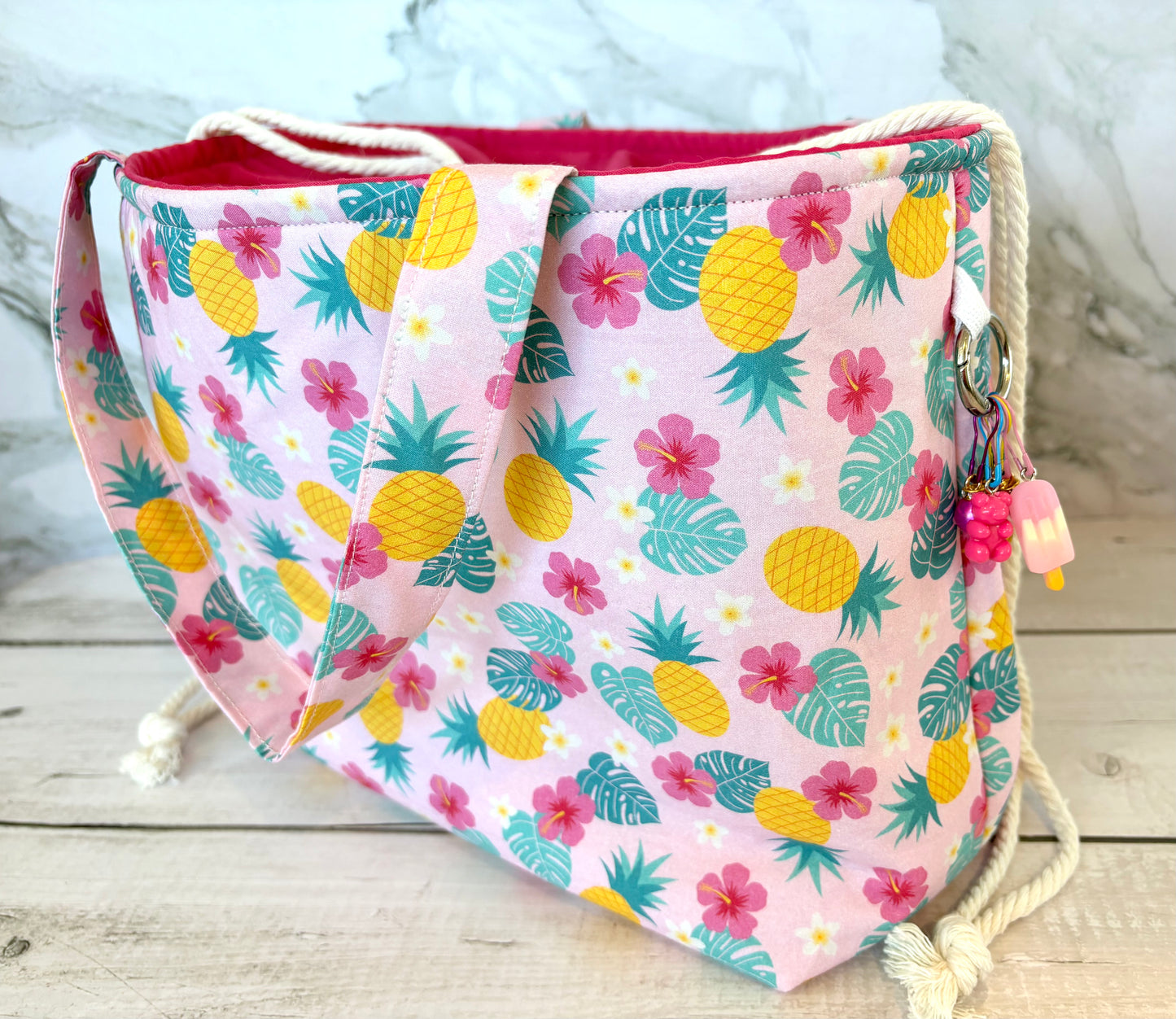 Handmade Cotton Project Bag for Knitting, Crochet, Yarn and other Crafts - Pineapple Hot Pink Drawstring Bag Large