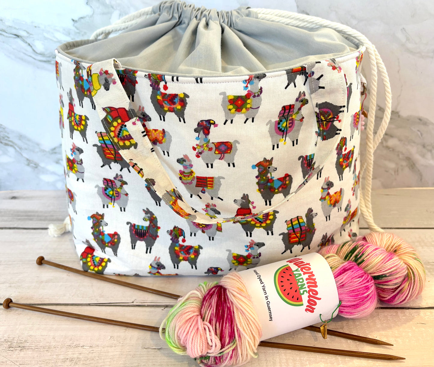 Handmade Cotton Project Bag for Knitting, Crochet, Yarn and other Crafts - Alpaca Light Grey Drawstring Bag Large