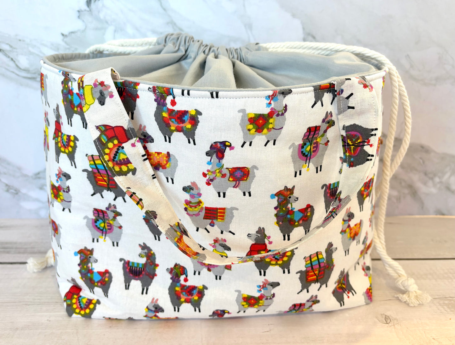 Handmade Cotton Project Bag for Knitting, Crochet, Yarn and other Crafts - Alpaca Light Grey Drawstring Bag Large
