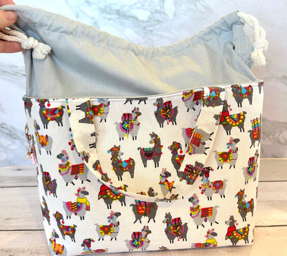 Handmade Cotton Project Bag for Knitting, Crochet, Yarn and other Crafts - Alpaca Light Grey Drawstring Bag Large