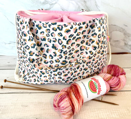 Handmade Cotton Project Bag for Knitting, Crochet, Yarn and other Crafts - Animal Print Pink Drawstring Bag Large