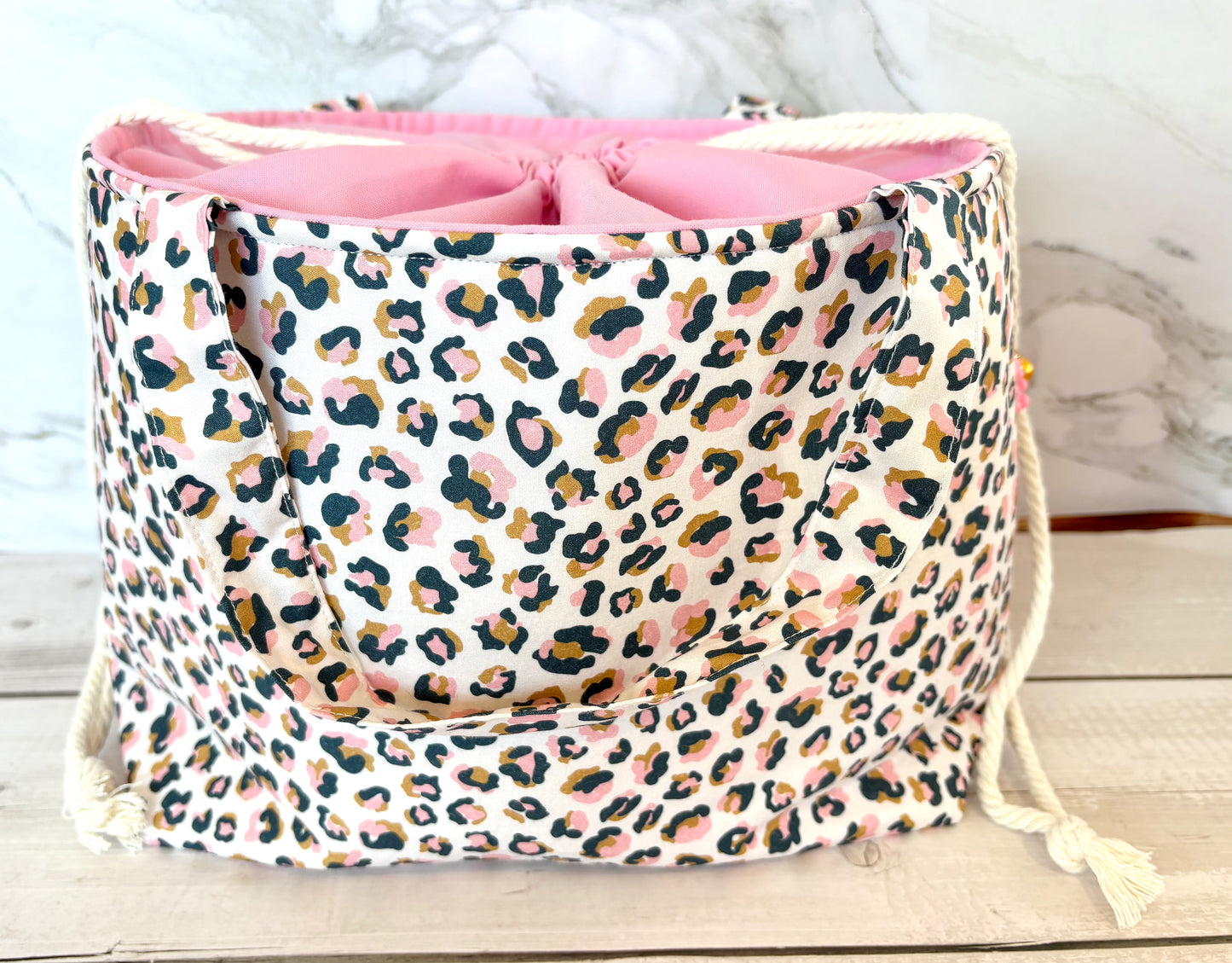 Handmade Cotton Project Bag for Knitting, Crochet, Yarn and other Crafts - Animal Print Pink Drawstring Bag Large