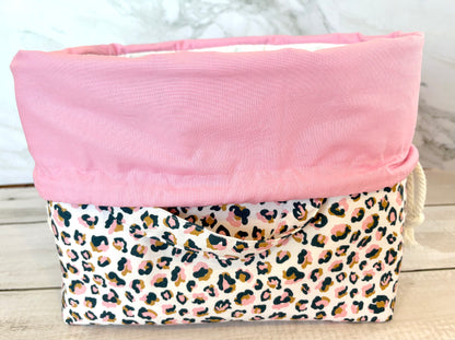Handmade Cotton Project Bag for Knitting, Crochet, Yarn and other Crafts - Animal Print Pink Drawstring Bag Large