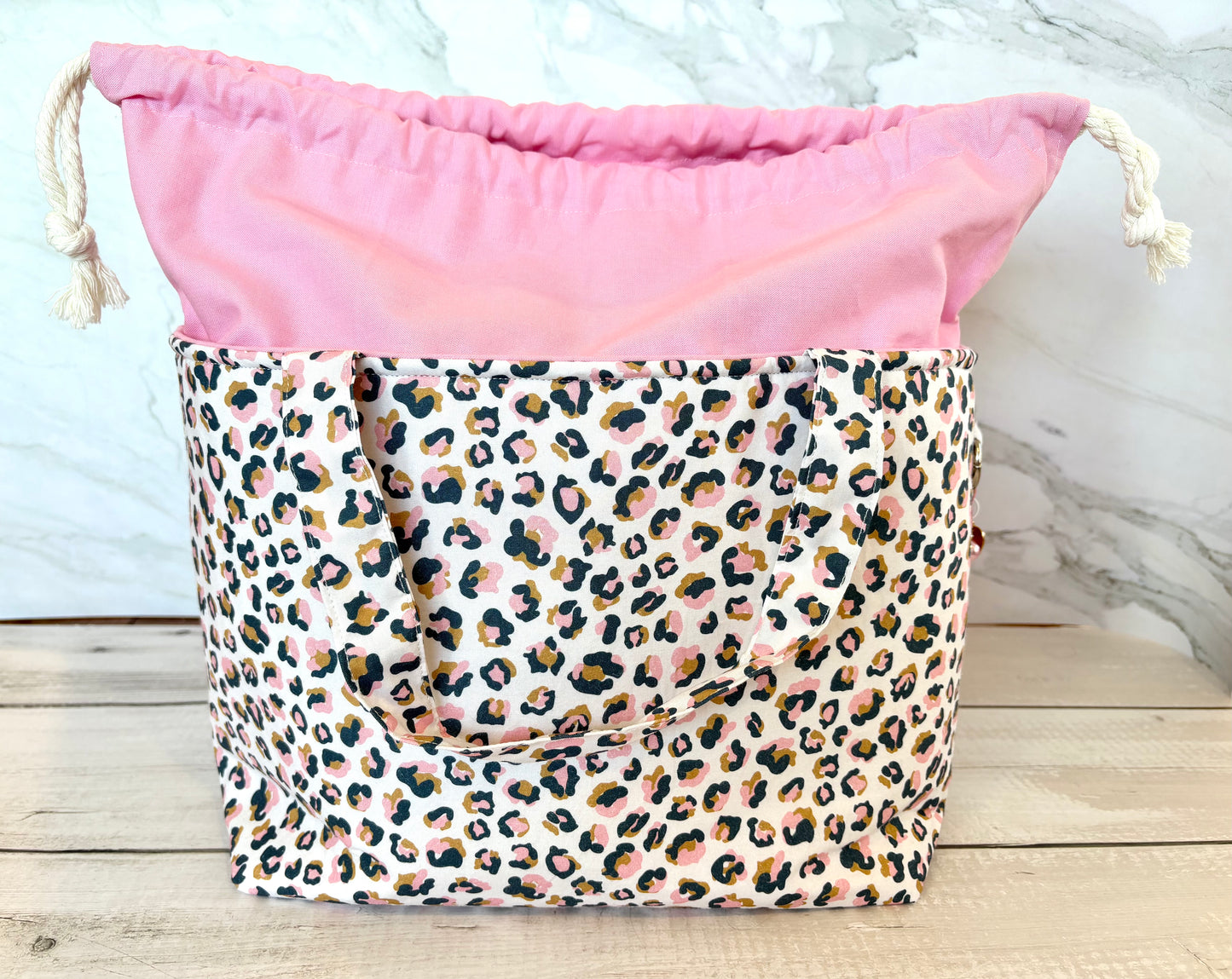 Handmade Cotton Project Bag for Knitting, Crochet, Yarn and other Crafts - Animal Print Pink Drawstring Bag Large