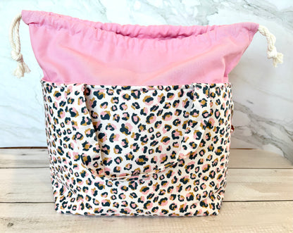 Handmade Cotton Project Bag for Knitting, Crochet, Yarn and other Crafts - Animal Print Pink Drawstring Bag Large