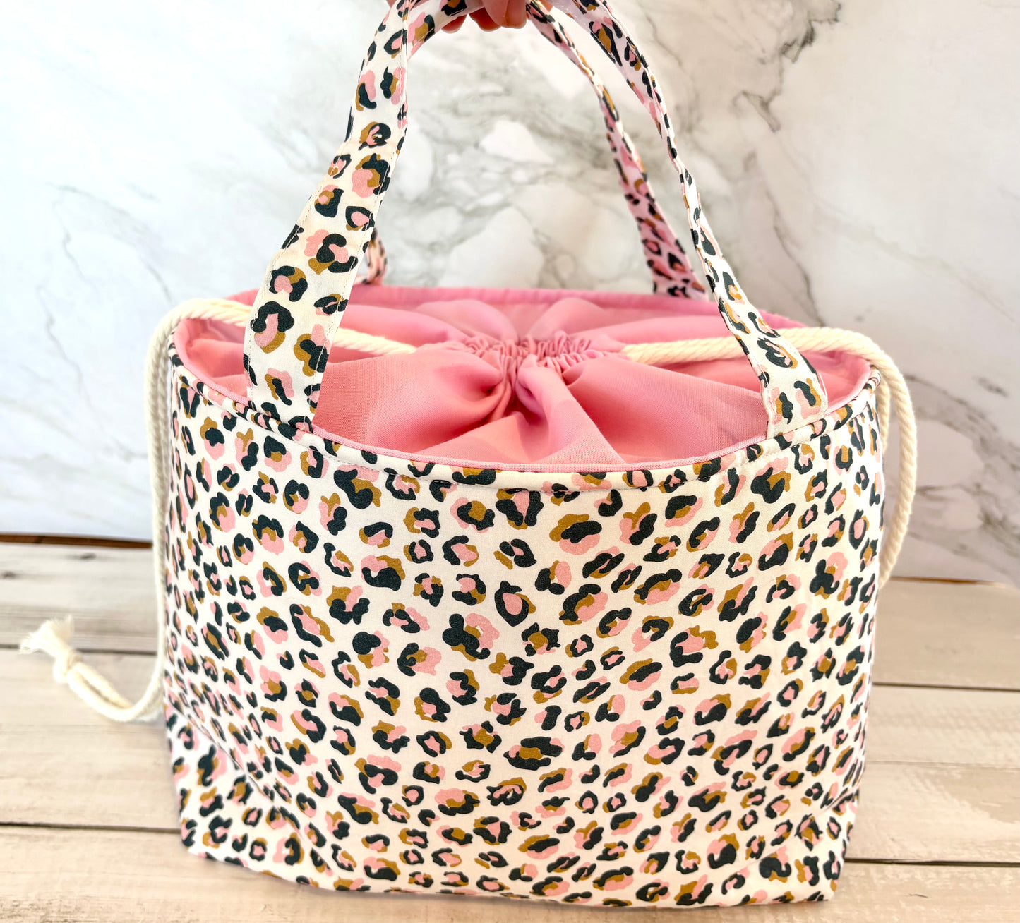 Handmade Cotton Project Bag for Knitting, Crochet, Yarn and other Crafts - Animal Print Pink Drawstring Bag Large