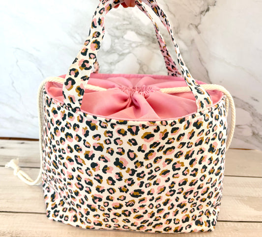 Handmade Cotton Project Bag for Knitting, Crochet, Yarn and other Crafts - Animal Print Pink Drawstring Bag Large