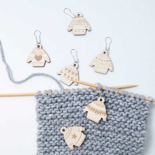 Wooden Jumper Sweater Stitch Markers Set of 6