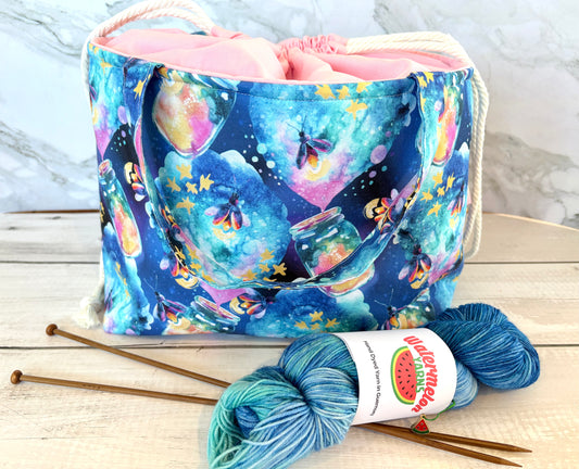 Handmade Cotton Project Bag for Knitting, Crochet, Yarn and other Crafts - Firefly Pink Drawstring Bag Large