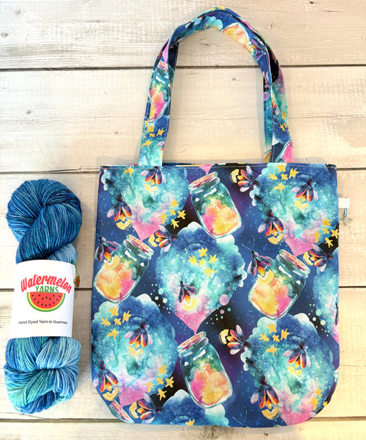 Handmade Cotton Project Tote Bag for Knitting, Crochet, Yarn and other Crafts - Firefly Medium