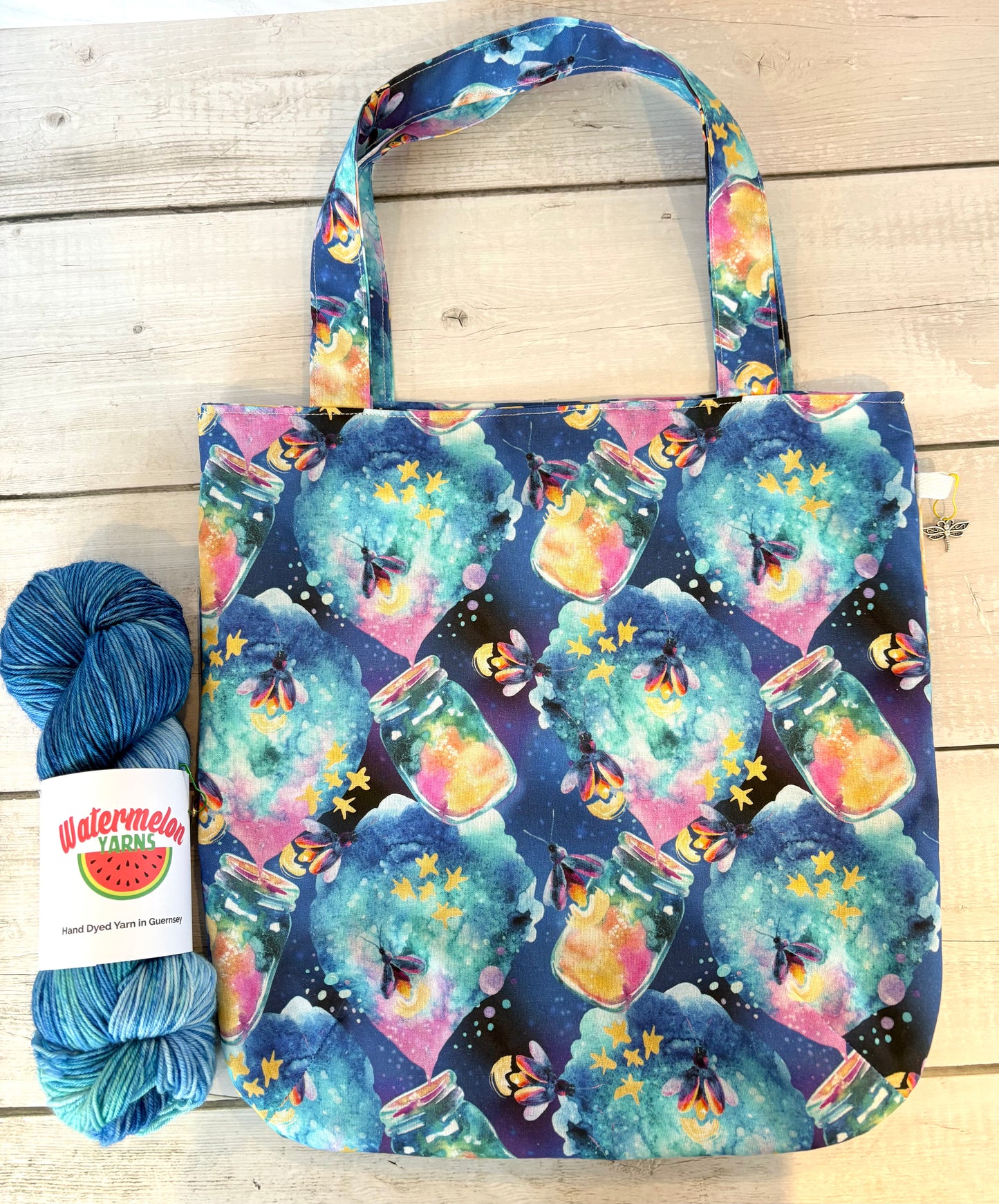Handmade Cotton Project Tote Bag for Knitting, Crochet, Yarn and other Crafts - Firefly Large
