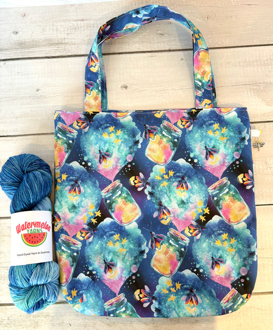 Handmade Cotton Project Tote Bag for Knitting, Crochet, Yarn and other Crafts - Firefly Large