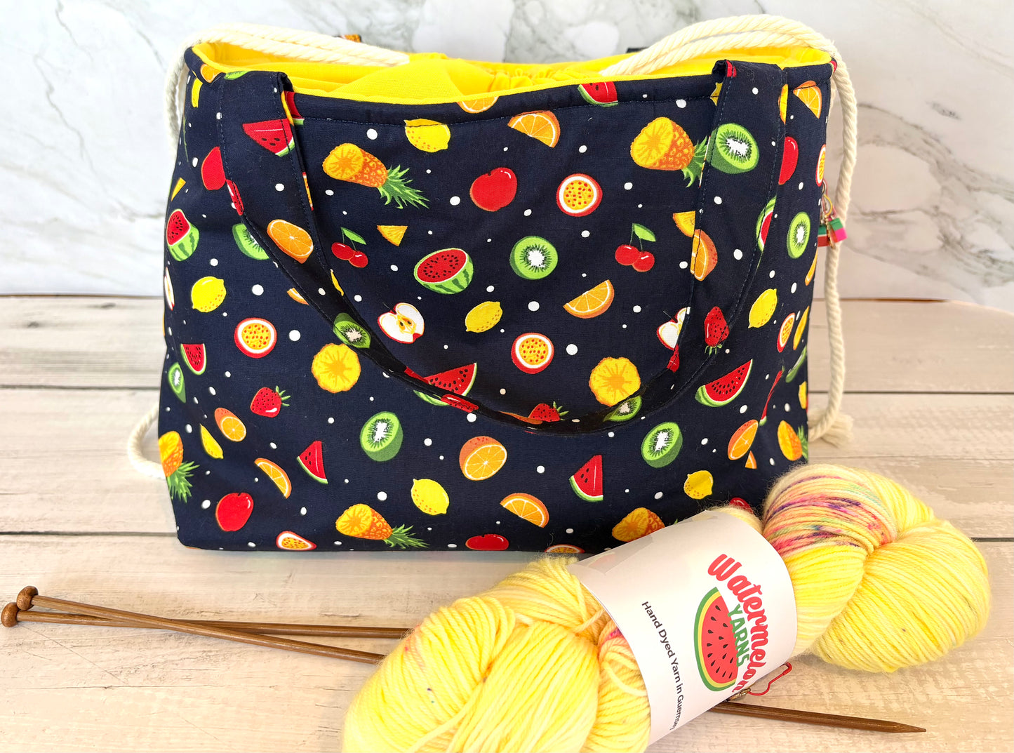 Handmade Cotton Project Bag for Knitting, Crochet, Yarn and other Crafts - Fruit Salad Navy Yellow Drawstring Bag Large