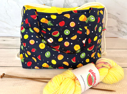 Handmade Cotton Project Bag for Knitting, Crochet, Yarn and other Crafts - Fruit Salad Navy Yellow Drawstring Bag Large