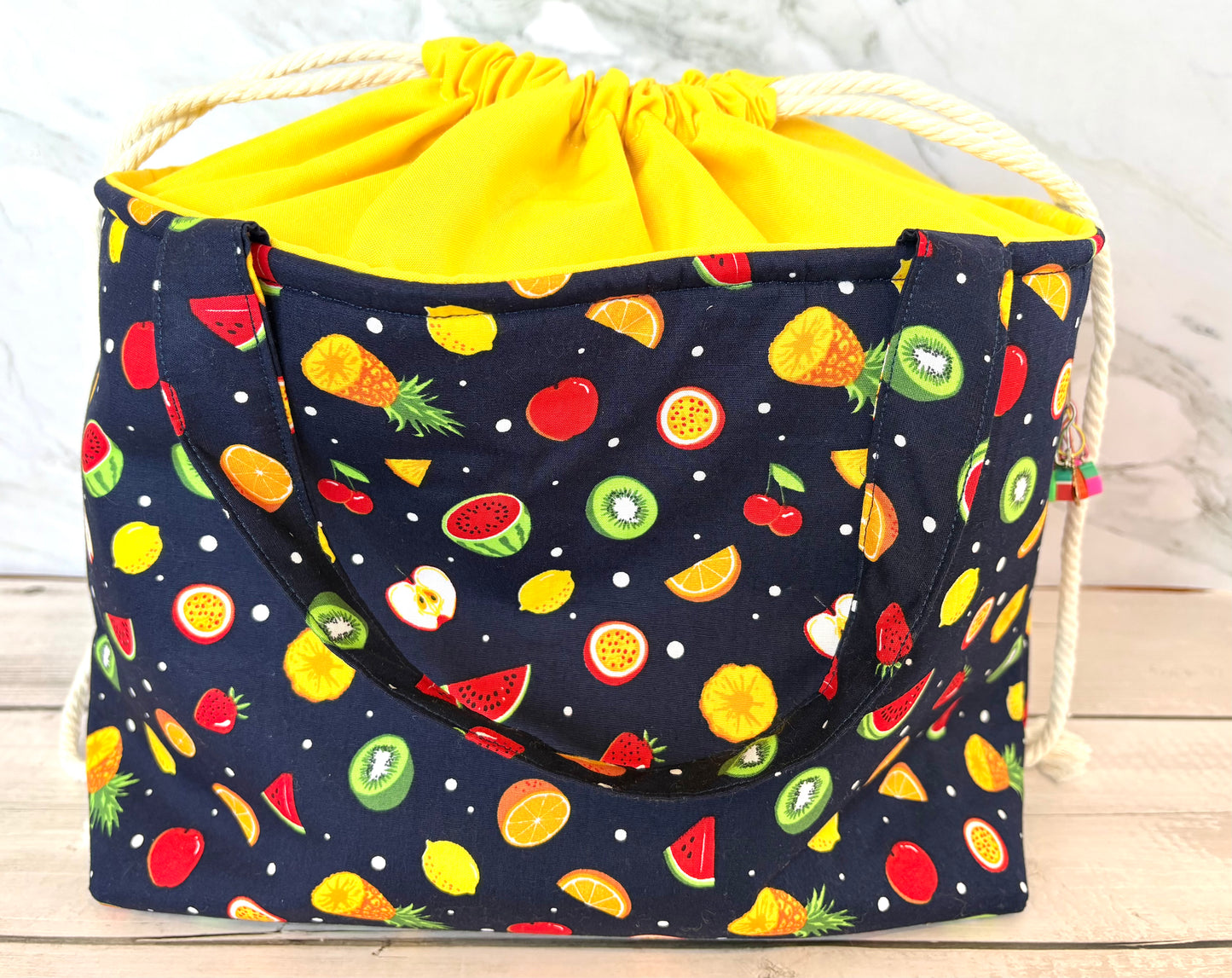 Handmade Cotton Project Bag for Knitting, Crochet, Yarn and other Crafts - Fruit Salad Navy Yellow Drawstring Bag Large