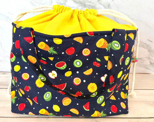 Handmade Cotton Project Bag for Knitting, Crochet, Yarn and other Crafts - Fruit Salad Navy Yellow Drawstring Bag Large
