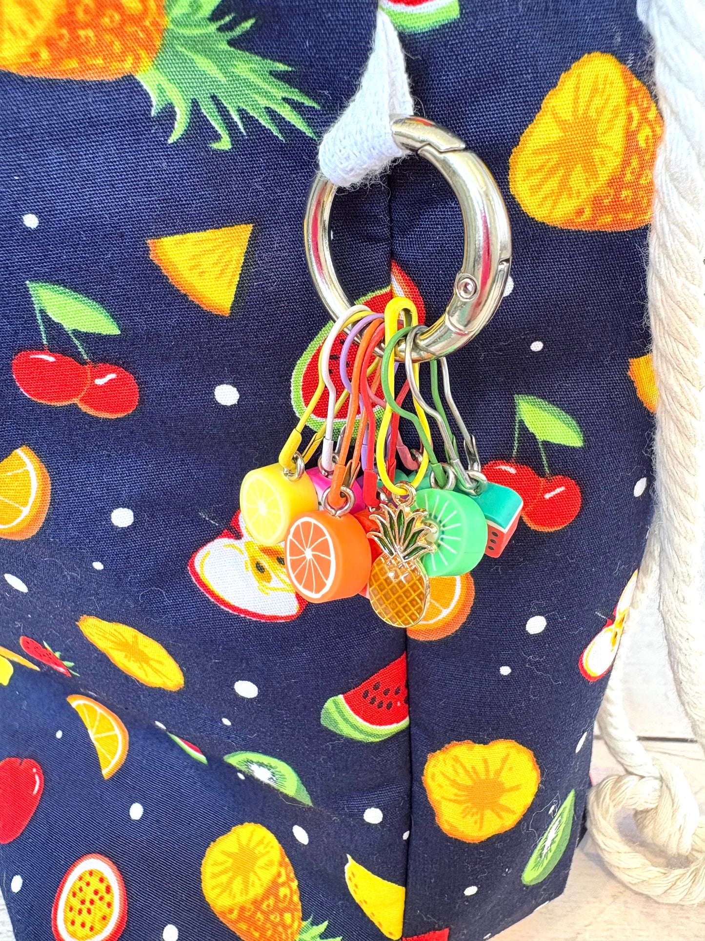 Handmade Cotton Project Bag for Knitting, Crochet, Yarn and other Crafts - Fruit Salad Navy Yellow Drawstring Bag Large
