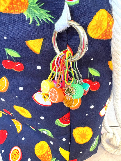 Handmade Cotton Project Bag for Knitting, Crochet, Yarn and other Crafts - Fruit Salad Navy Yellow Drawstring Bag Large