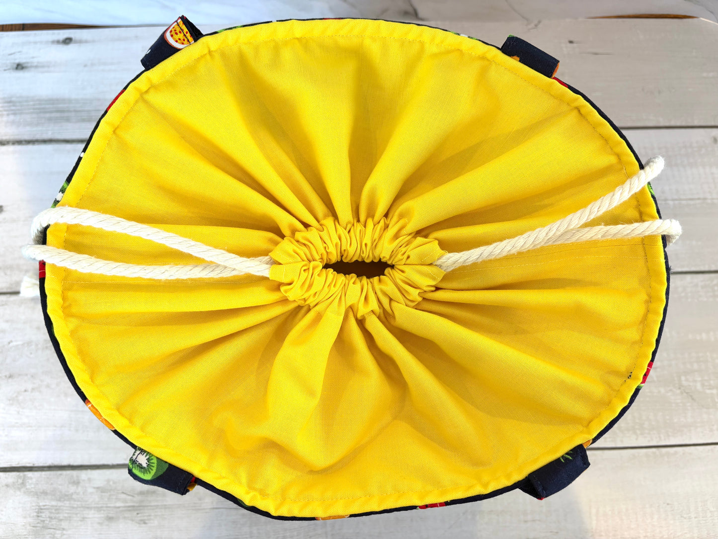 Handmade Cotton Project Bag for Knitting, Crochet, Yarn and other Crafts - Fruit Salad Navy Yellow Drawstring Bag Large