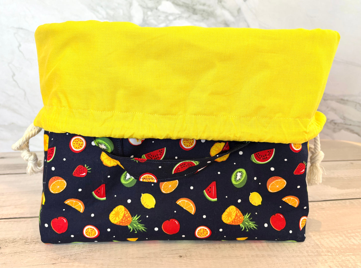 Handmade Cotton Project Bag for Knitting, Crochet, Yarn and other Crafts - Fruit Salad Navy Yellow Drawstring Bag Large