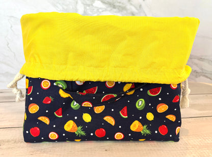 Handmade Cotton Project Bag for Knitting, Crochet, Yarn and other Crafts - Fruit Salad Navy Yellow Drawstring Bag Large