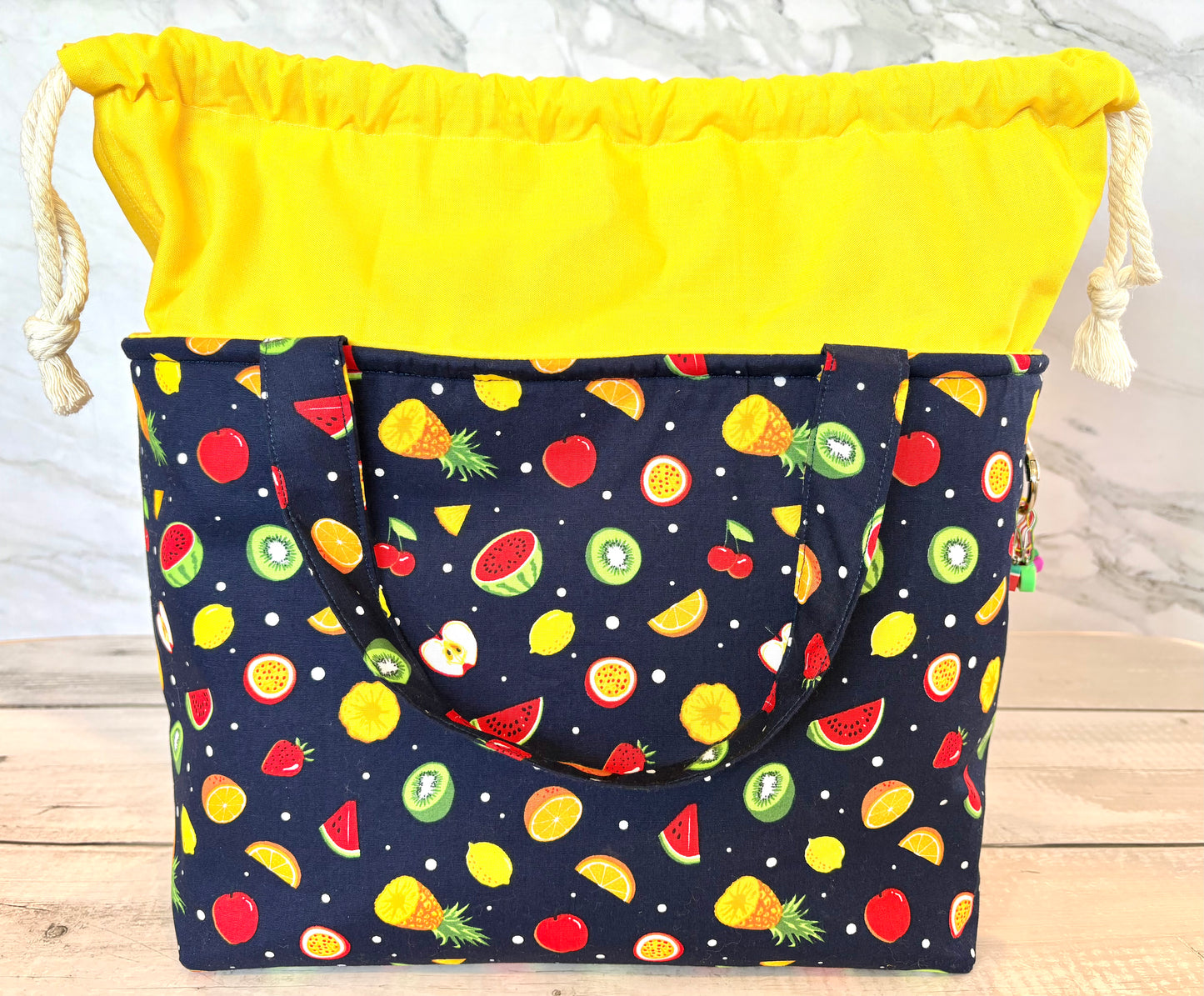 Handmade Cotton Project Bag for Knitting, Crochet, Yarn and other Crafts - Fruit Salad Navy Yellow Drawstring Bag Large