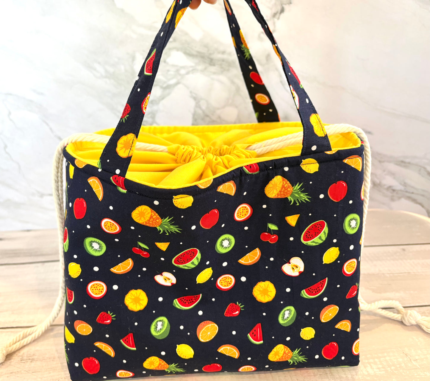 Handmade Cotton Project Bag for Knitting, Crochet, Yarn and other Crafts - Fruit Salad Navy Yellow Drawstring Bag Large