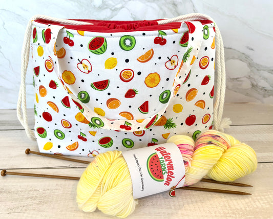 Handmade Cotton Project Bag for Knitting, Crochet, Yarn and other Crafts - Fruit Salad White Red Drawstring Bag Large