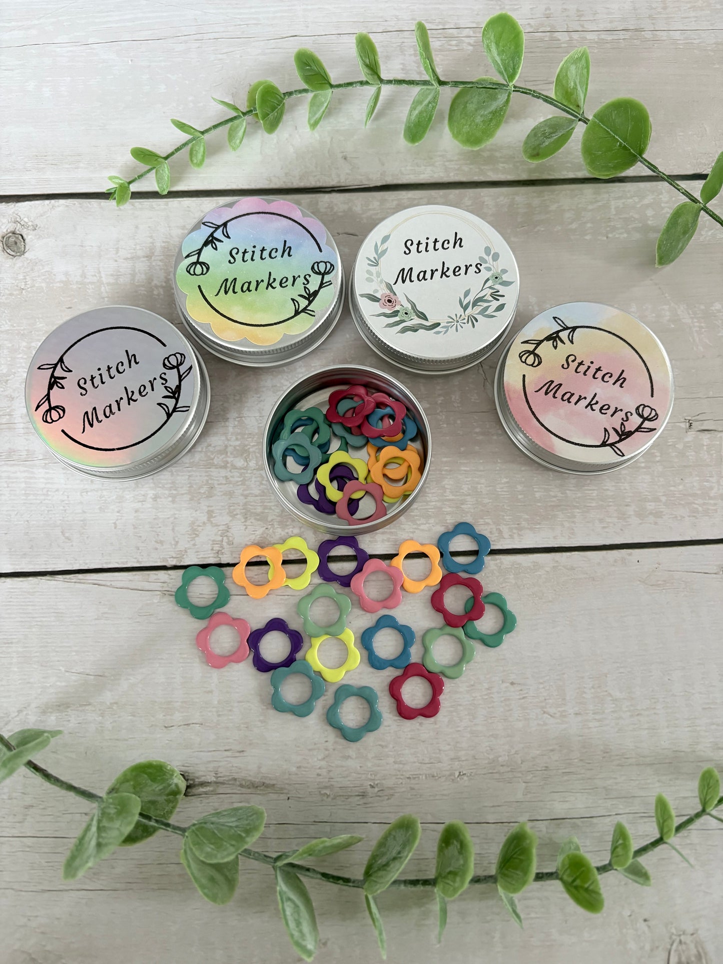 Metal Flower Stitch Markers in Tin