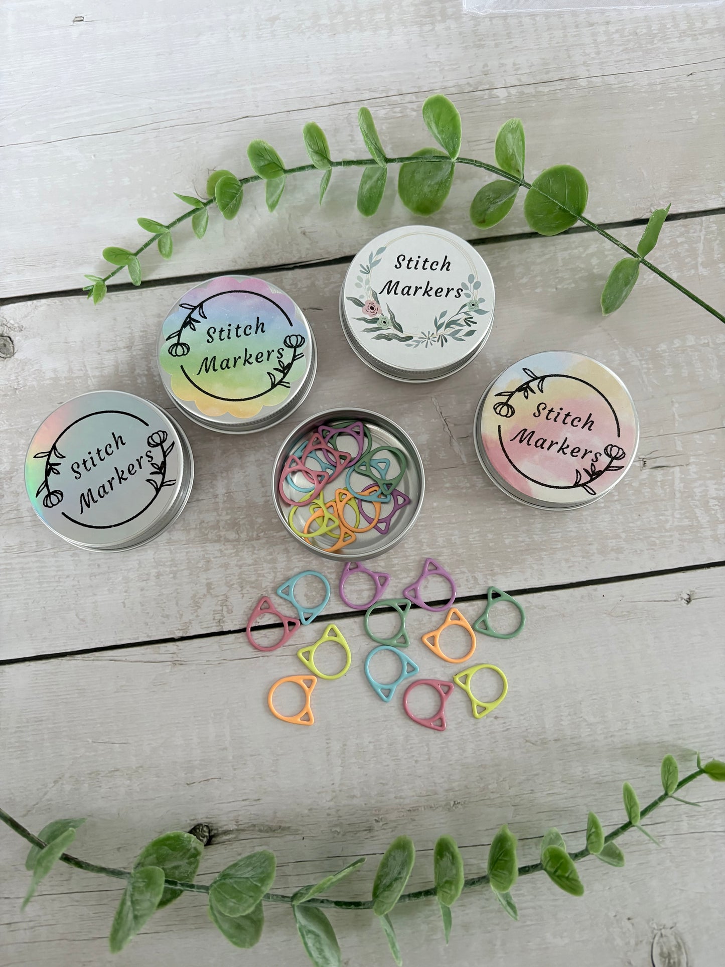 Metal Pastel Cat Stitch Markers in Tin
