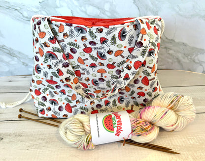 Handmade Cotton Project Bag for Knitting, Crochet, Yarn and other Crafts - Mushrooms Red Drawstring Bag Large