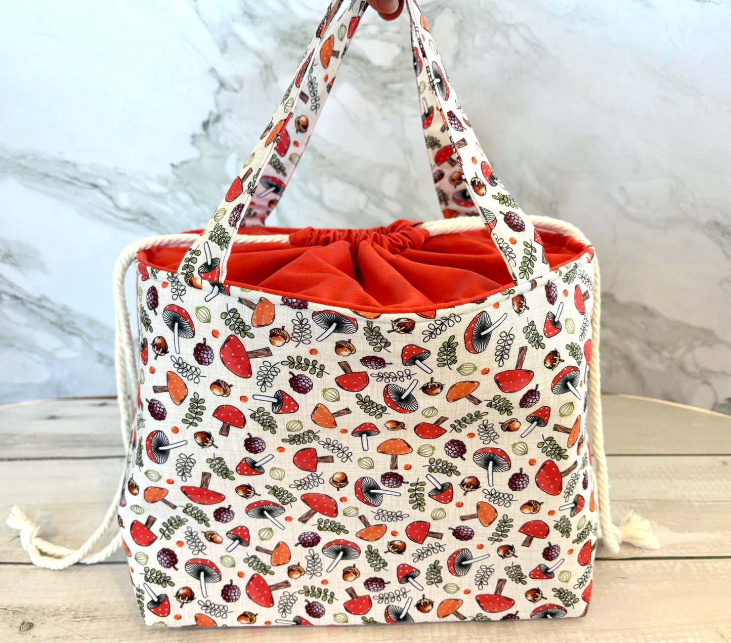 Handmade Cotton Project Bag for Knitting, Crochet, Yarn and other Crafts - Mushrooms Red Drawstring Bag Large