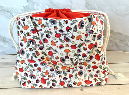Handmade Cotton Project Bag for Knitting, Crochet, Yarn and other Crafts - Mushrooms Red Drawstring Bag Large