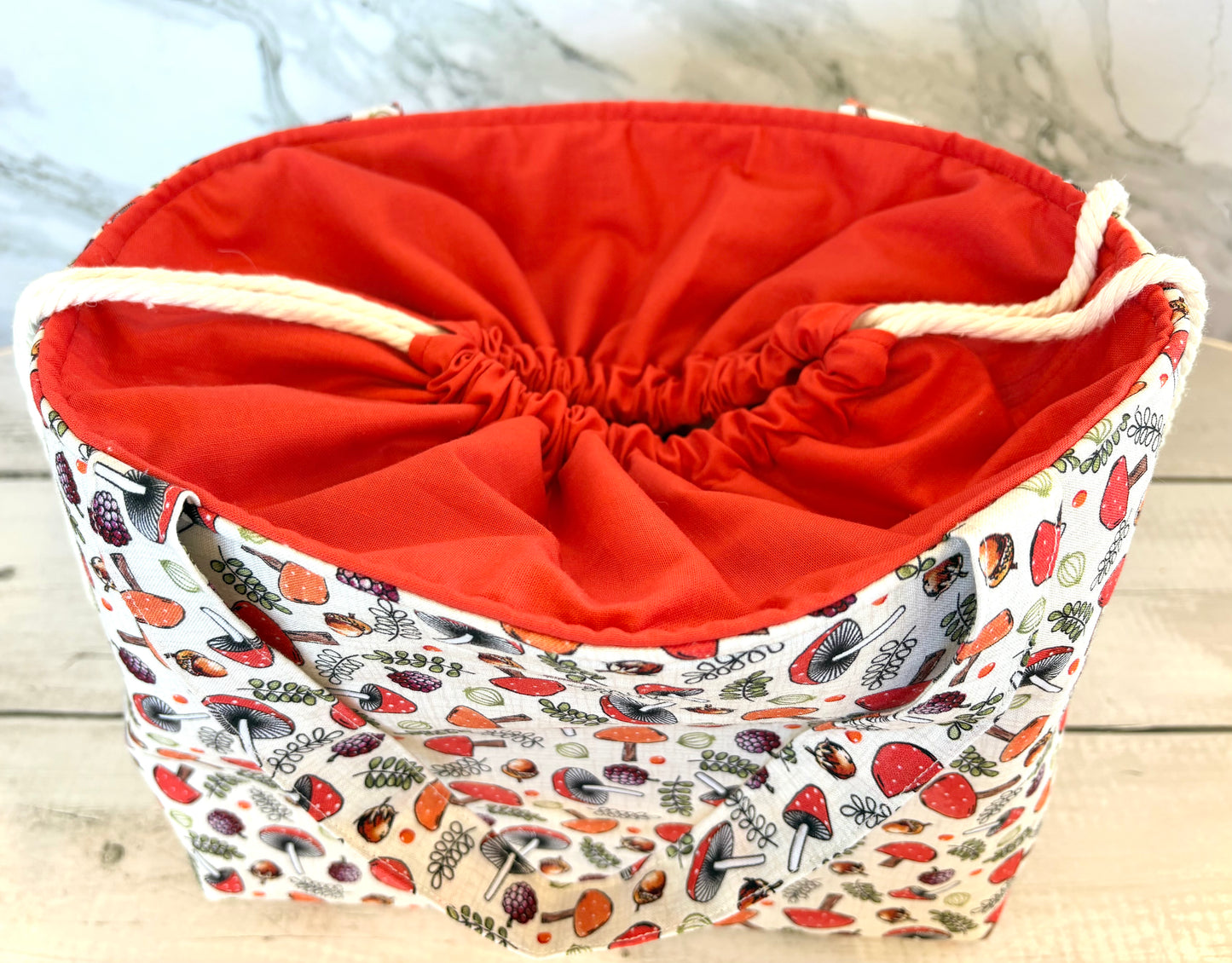 Handmade Cotton Project Bag for Knitting, Crochet, Yarn and other Crafts - Mushrooms Red Drawstring Bag Large