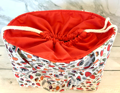 Handmade Cotton Project Bag for Knitting, Crochet, Yarn and other Crafts - Mushrooms Red Drawstring Bag Large