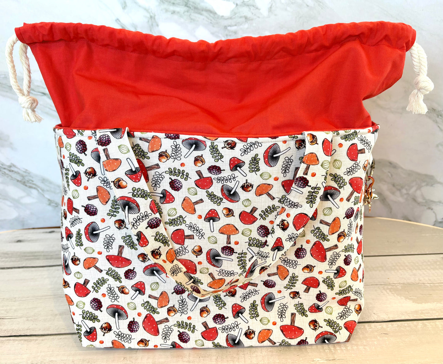 Handmade Cotton Project Bag for Knitting, Crochet, Yarn and other Crafts - Mushrooms Red Drawstring Bag Large