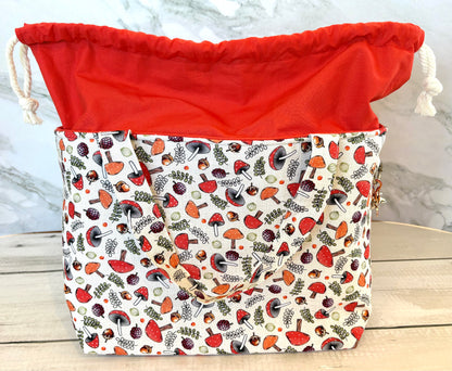 Handmade Cotton Project Bag for Knitting, Crochet, Yarn and other Crafts - Mushrooms Red Drawstring Bag Large