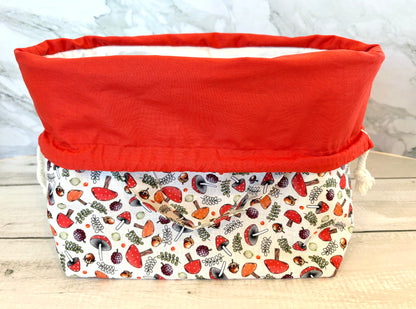 Handmade Cotton Project Bag for Knitting, Crochet, Yarn and other Crafts - Mushrooms Red Drawstring Bag Large