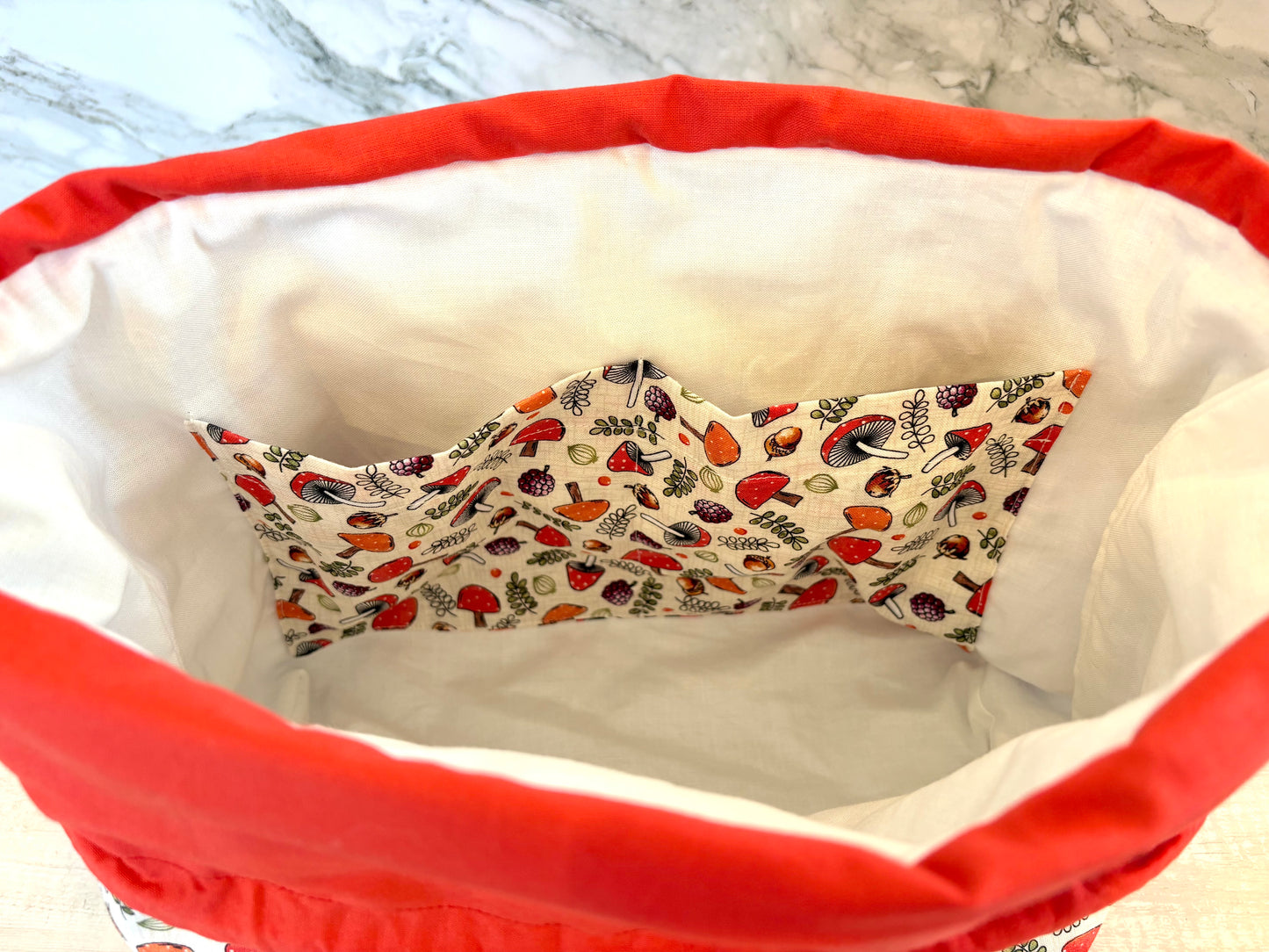 Handmade Cotton Project Bag for Knitting, Crochet, Yarn and other Crafts - Mushrooms Red Drawstring Bag Large