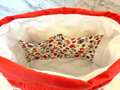 Handmade Cotton Project Bag for Knitting, Crochet, Yarn and other Crafts - Mushrooms Red Drawstring Bag Large