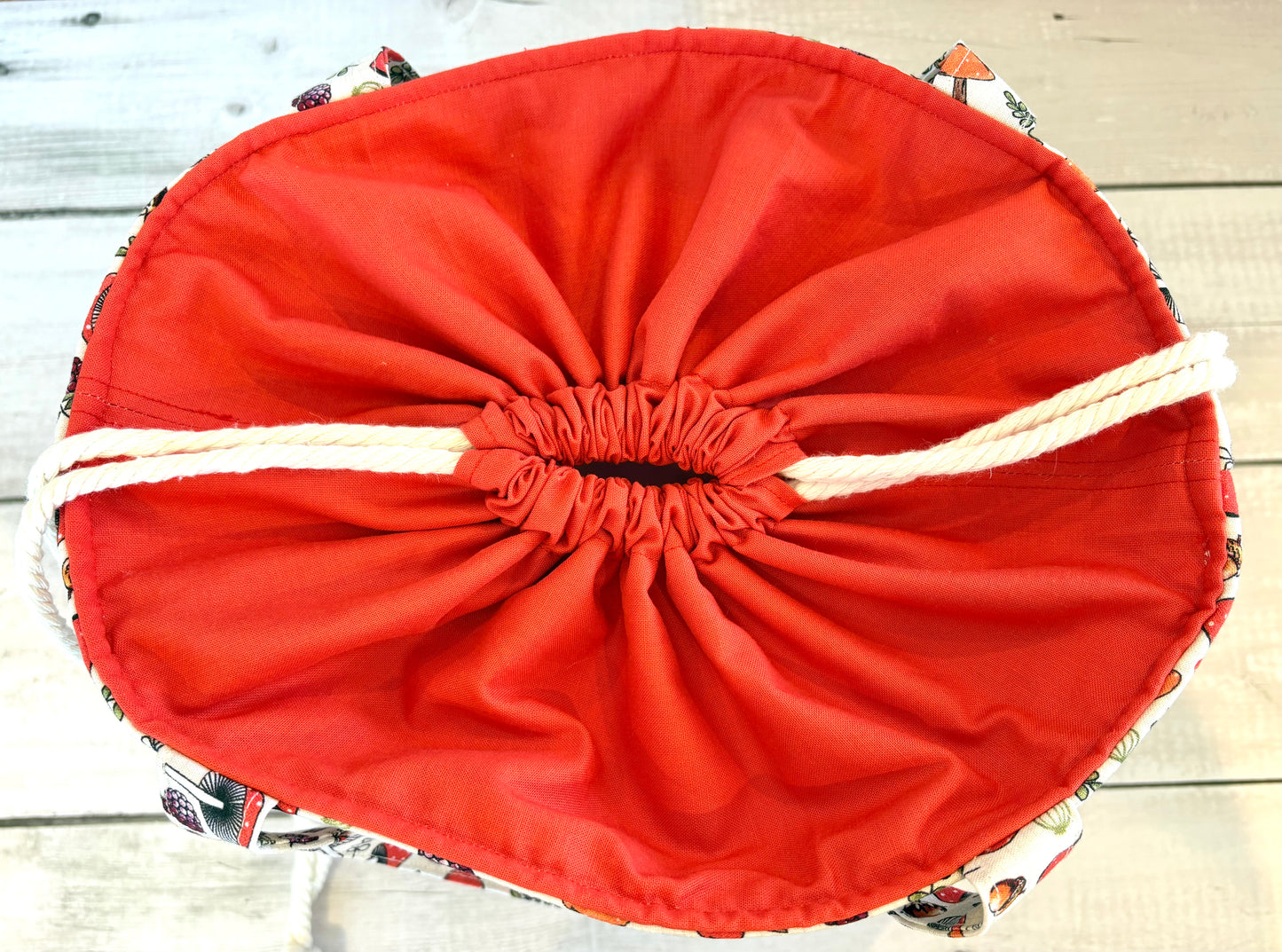 Handmade Cotton Project Bag for Knitting, Crochet, Yarn and other Crafts - Mushrooms Red Drawstring Bag Large