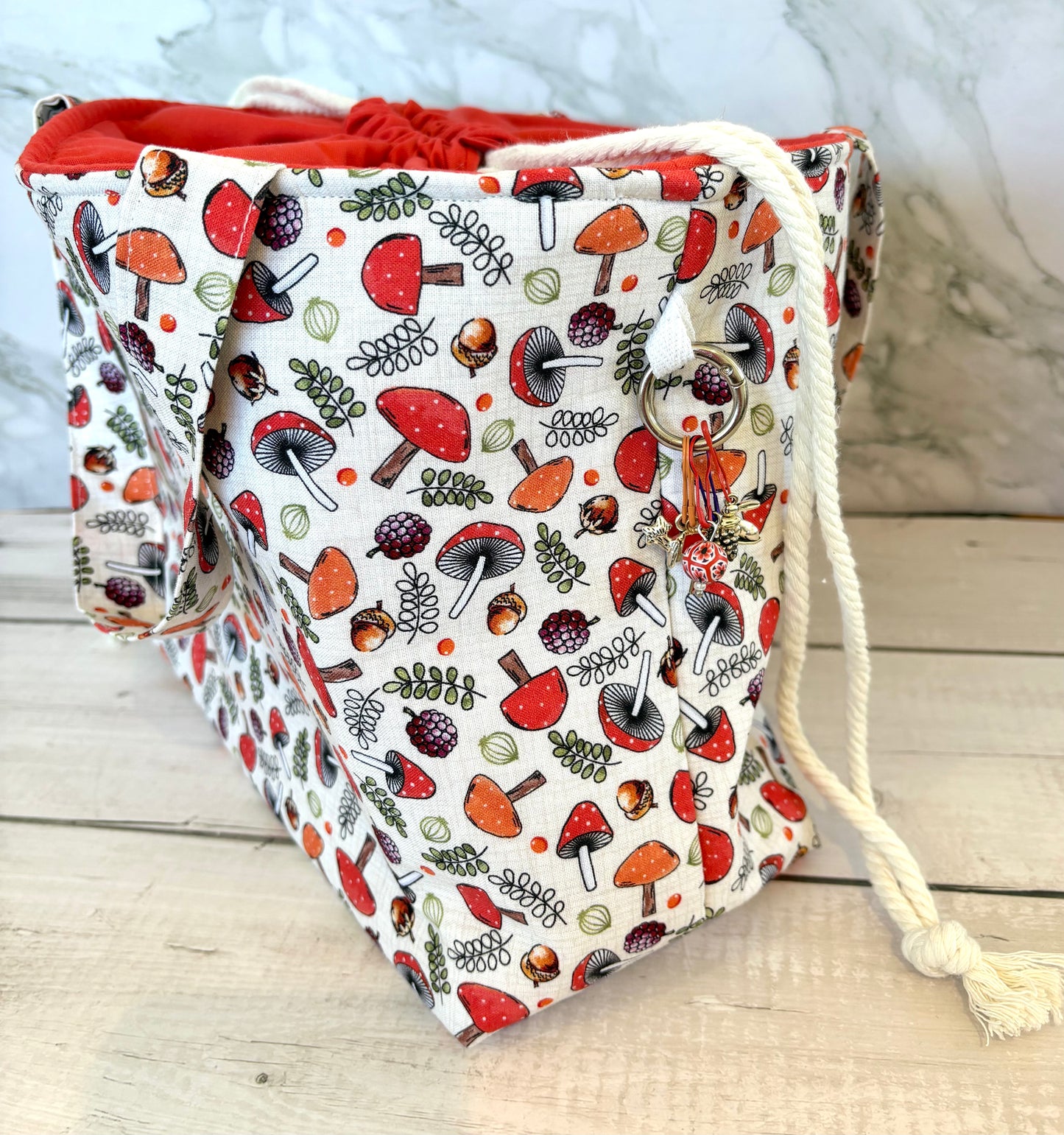 Handmade Cotton Project Bag for Knitting, Crochet, Yarn and other Crafts - Mushrooms Red Drawstring Bag Large