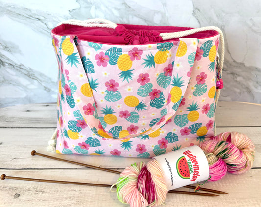 Handmade Cotton Project Bag for Knitting, Crochet, Yarn and other Crafts - Pineapple Hot Pink Drawstring Bag Large