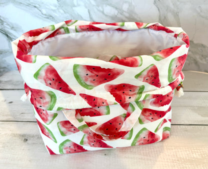 Handmade Cotton Project Bag for Knitting, Crochet, Yarn and other Crafts - Watermelon Drawstring Bag Large