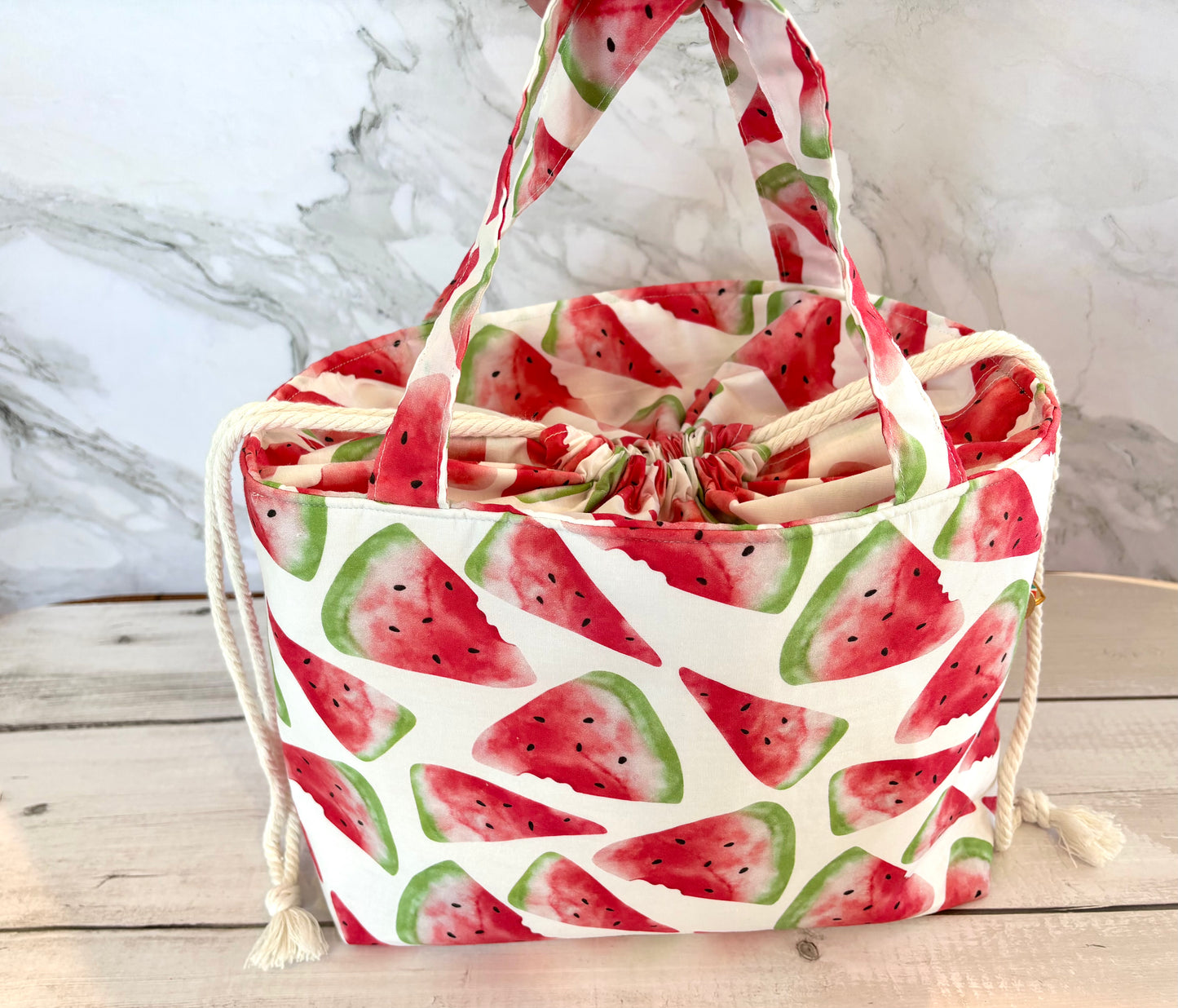 Handmade Cotton Project Bag for Knitting, Crochet, Yarn and other Crafts - Watermelon Drawstring Bag Large
